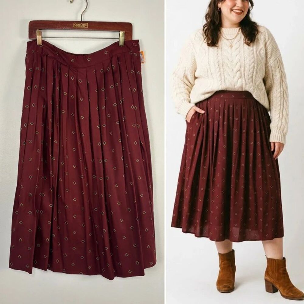 VTG 90s Chaus Burgundy Geometric Midi Skirt Womens Large Pleated Elastic Rayon